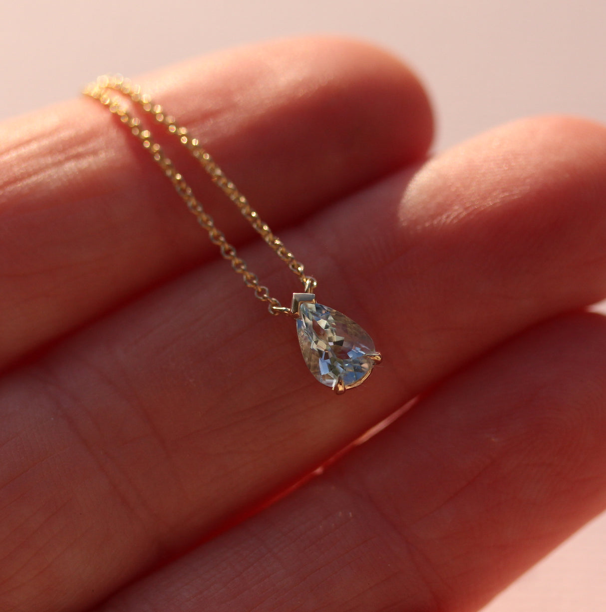 14k Yellow gold and Aquamarine Pear Necklace