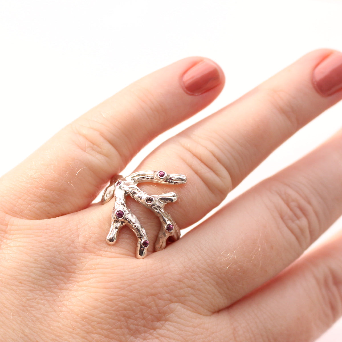 Sterling Silver Branch Ring with Garnet and Diamond