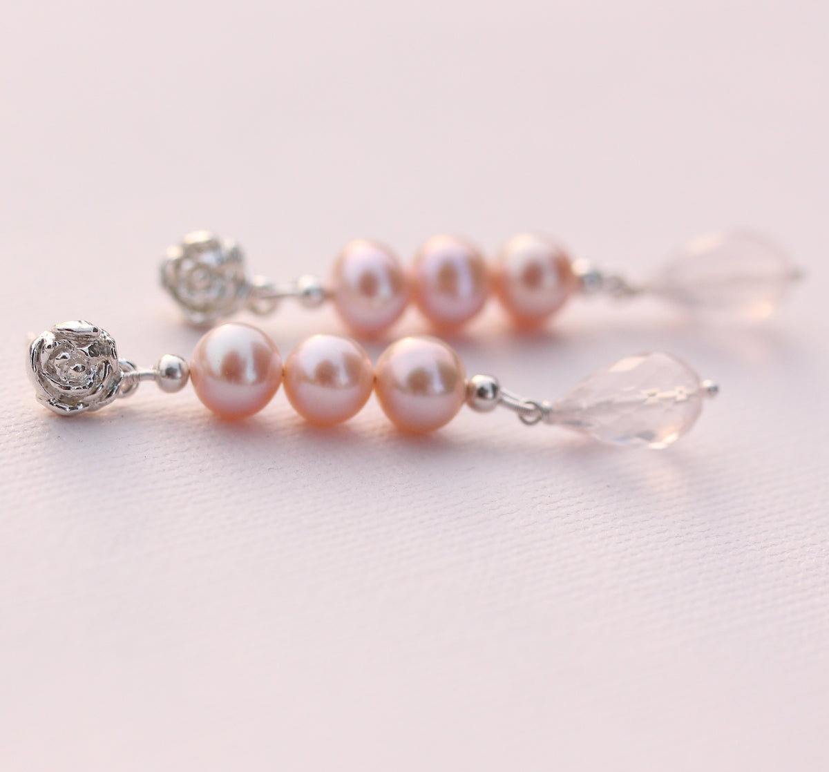 Peony studs with pearls and rose quartz drop earrings