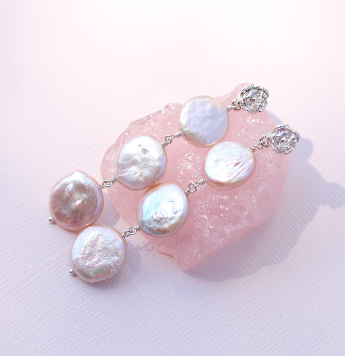 Peony Earrings - Drop Coin Pearls