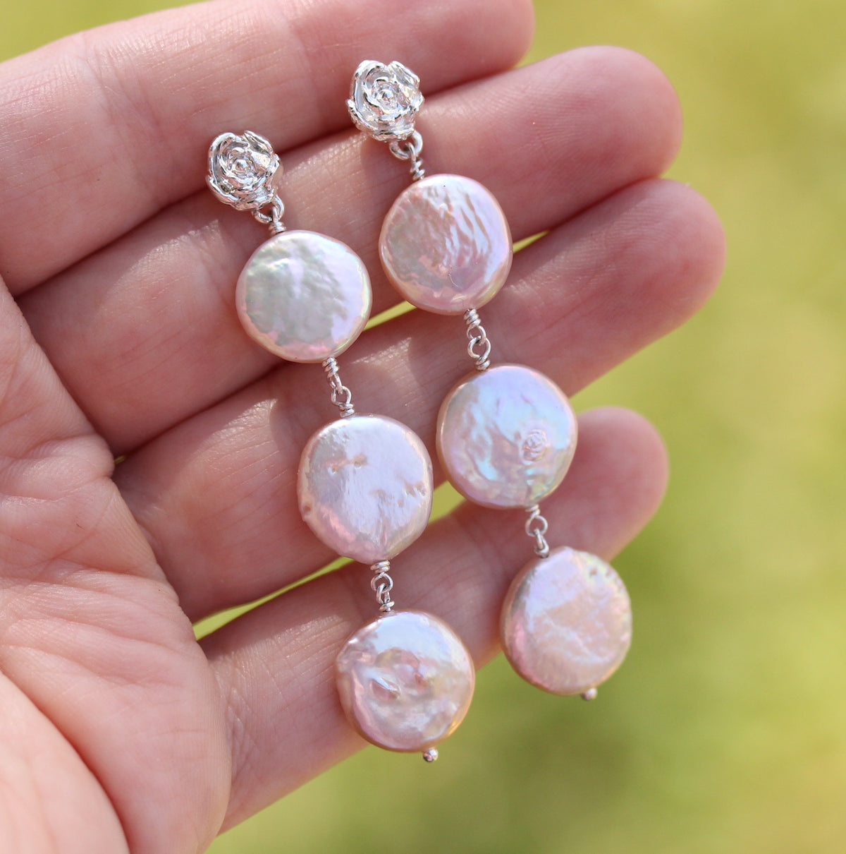 Peony Earrings - Drop Coin Pearls