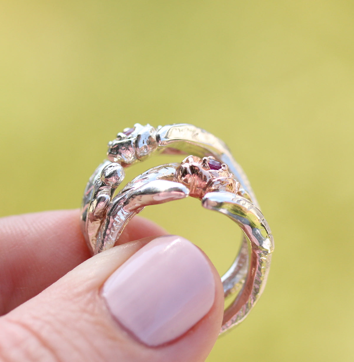 peony ring with sterling silver, rose gold and garnet