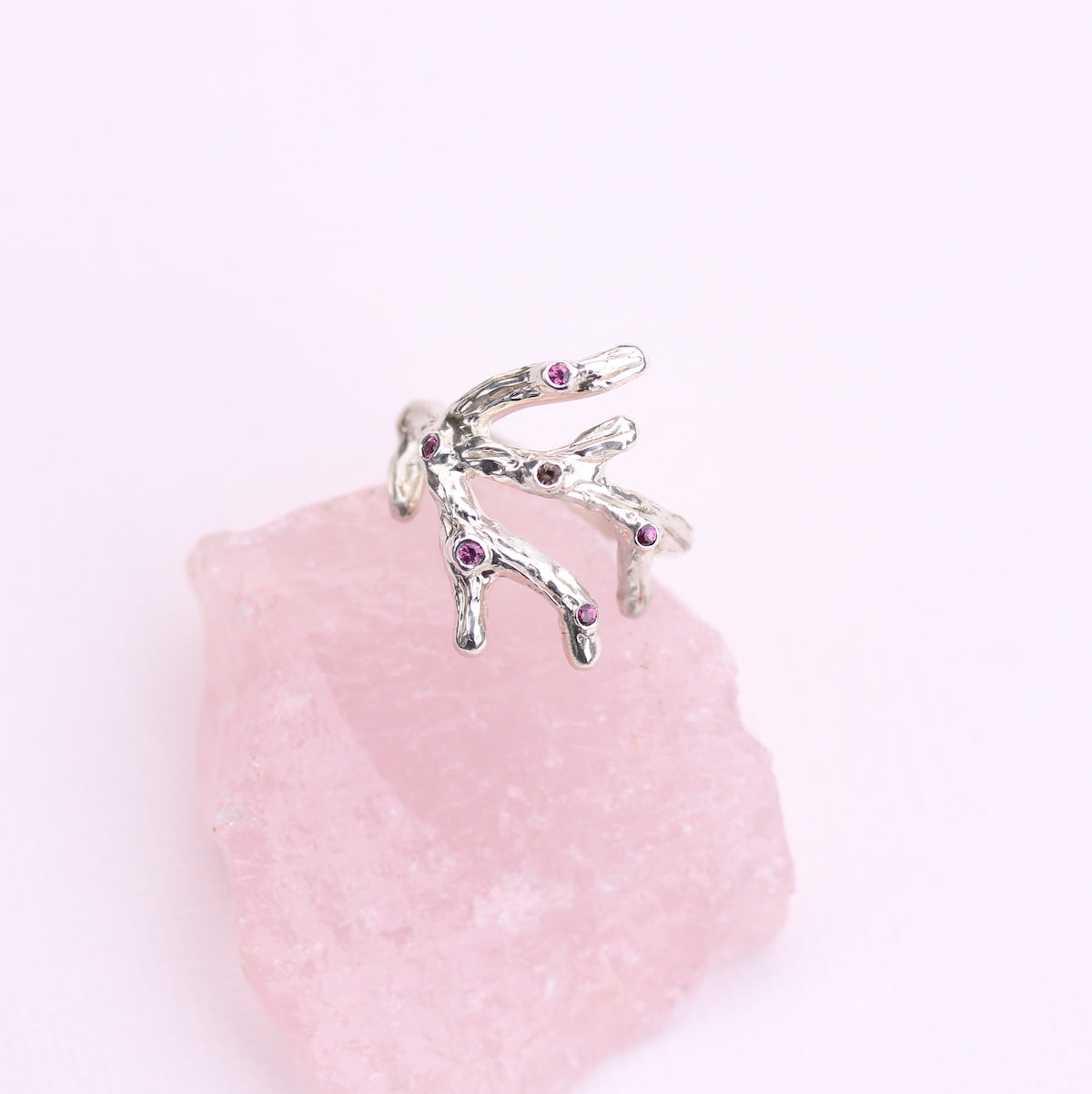 Sterling Silver Branch Ring with Garnet and Diamond