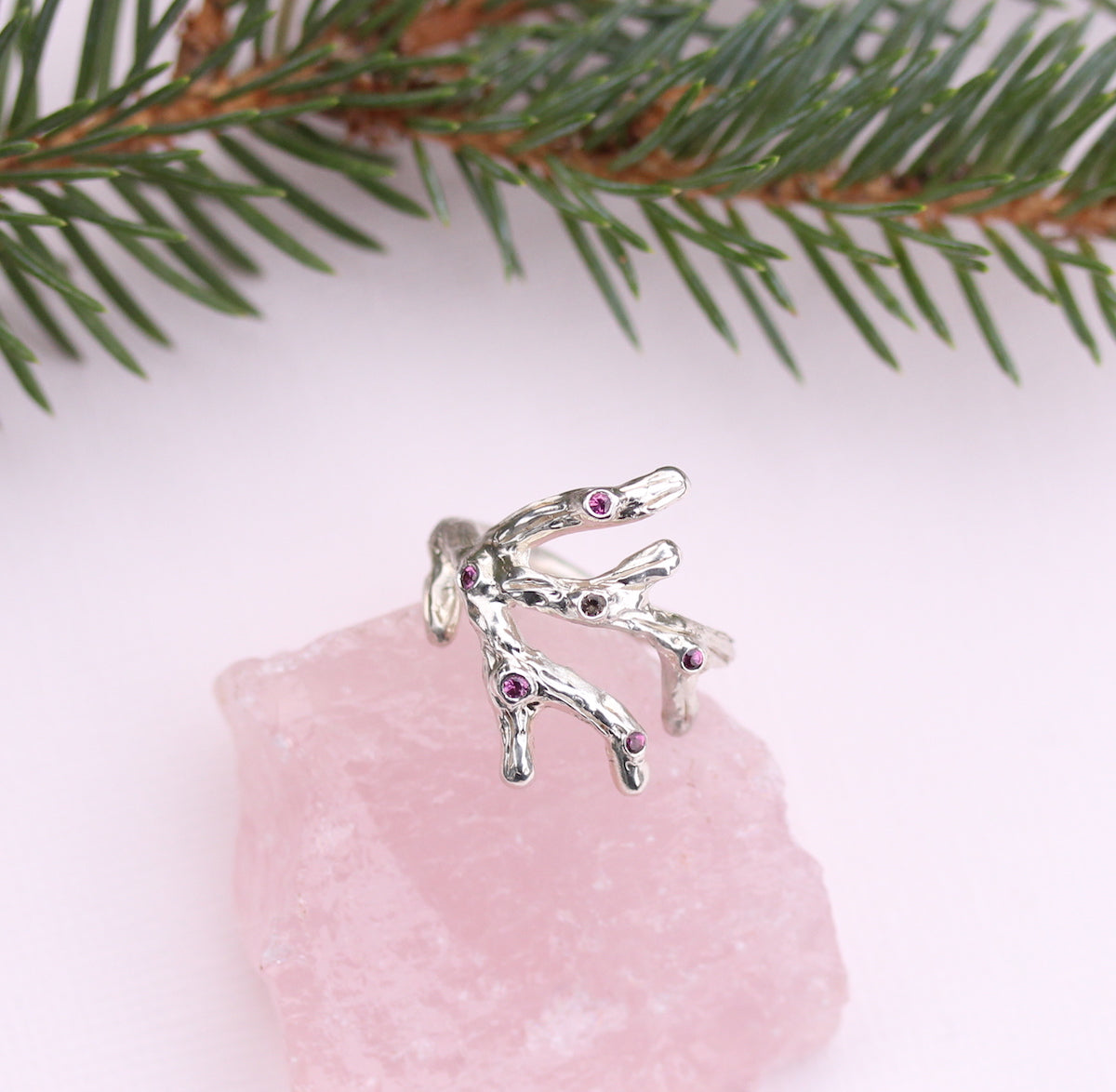 Sterling Silver Branch Ring with Garnet and Diamond