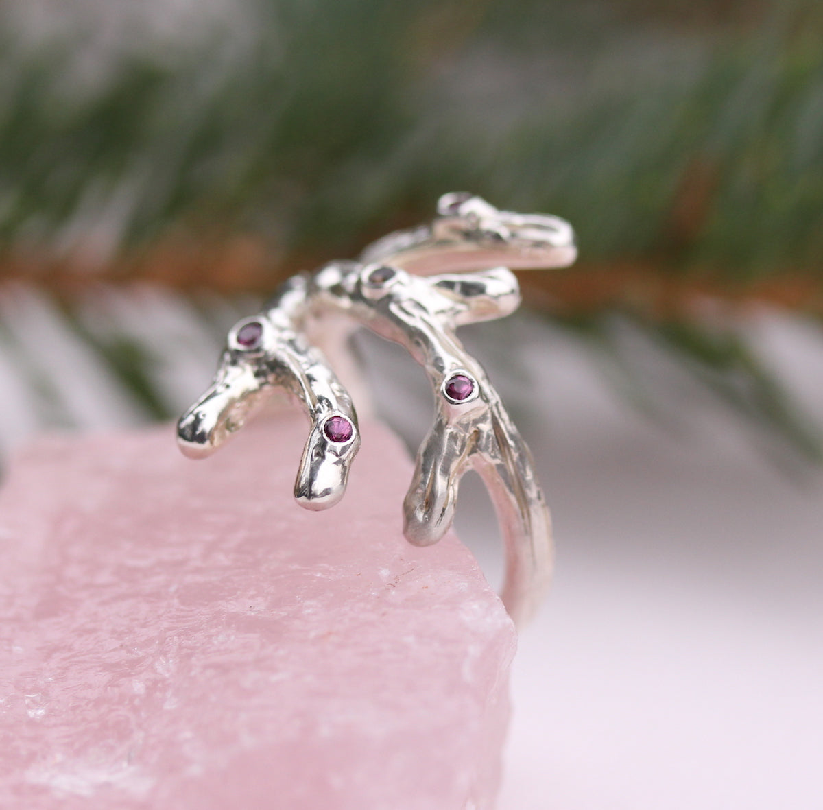 Sterling Silver Branch Ring with Garnet and Diamond