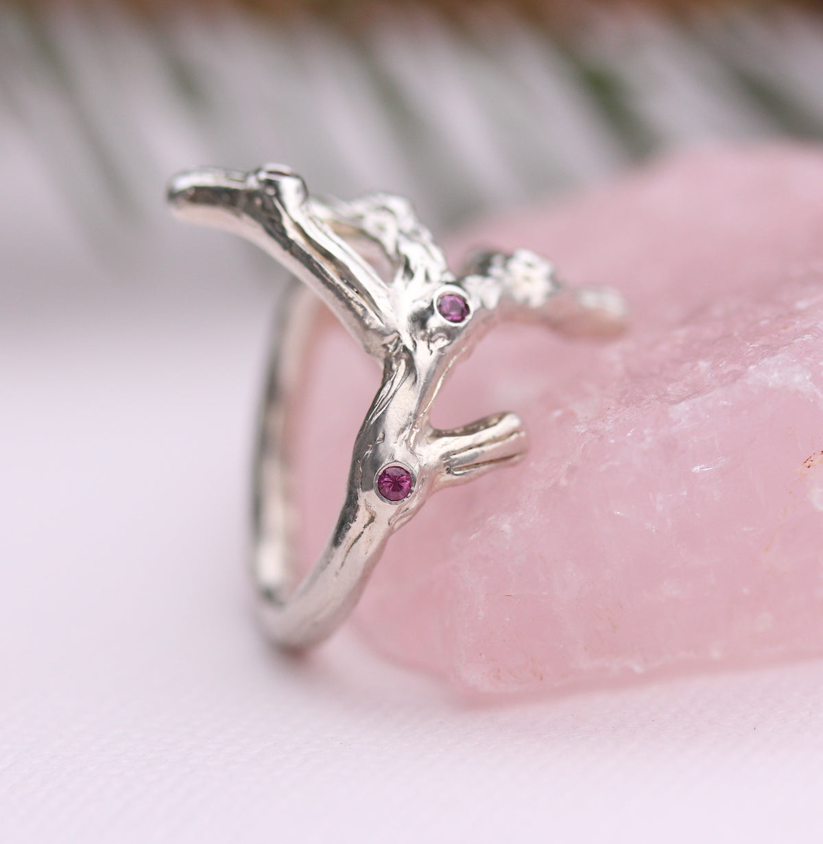 Sterling Silver Branch Ring with Garnet and Diamond