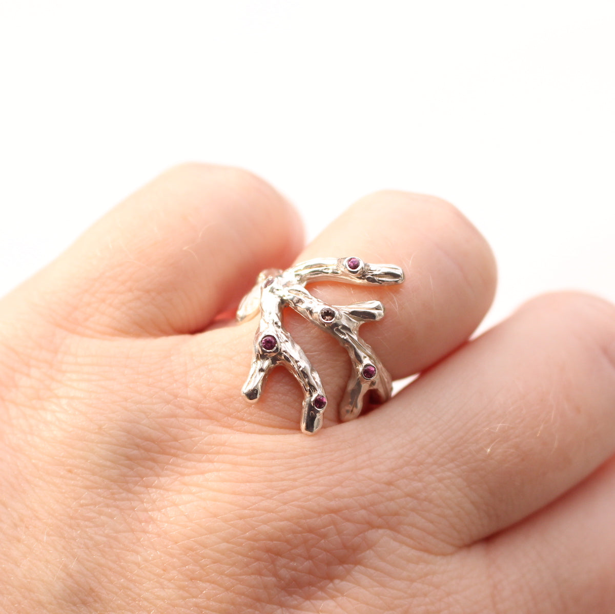 Sterling Silver Branch Ring with Garnet and Diamond