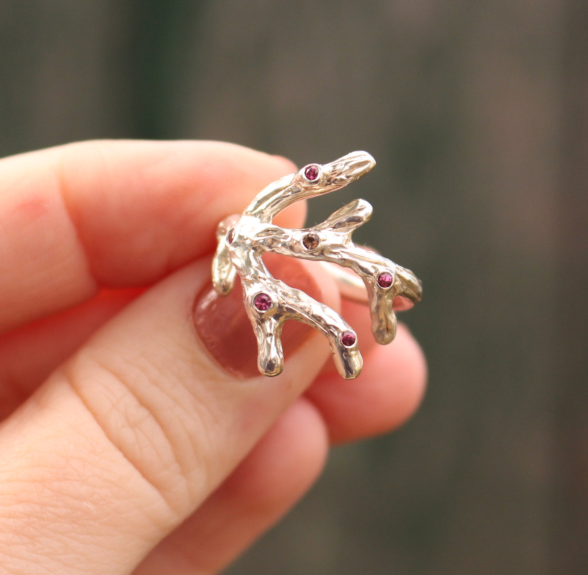 Sterling Silver Branch Ring with Garnet and Diamond