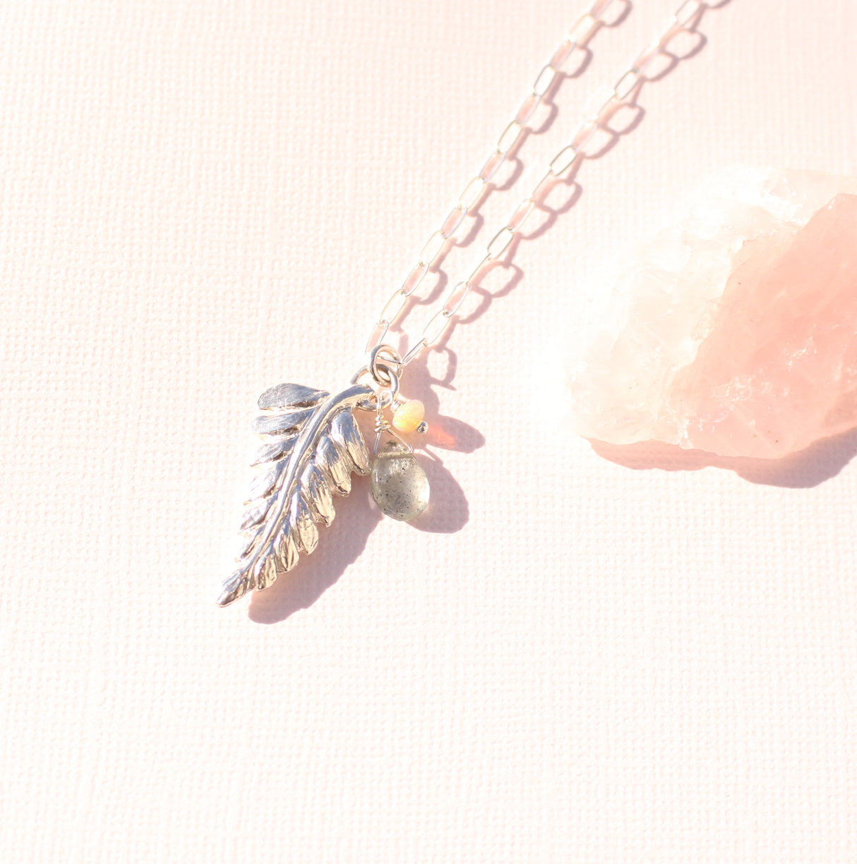 Fern charm Necklace with Aquamarine and Opal