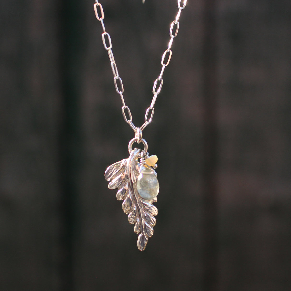 Fern charm Necklace with Aquamarine and Opal