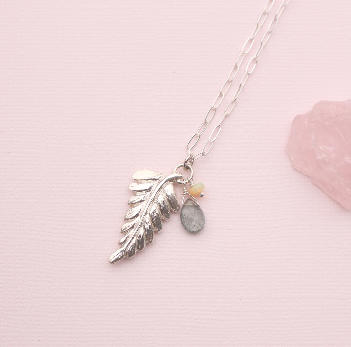 Fern charm Necklace with Aquamarine and Opal