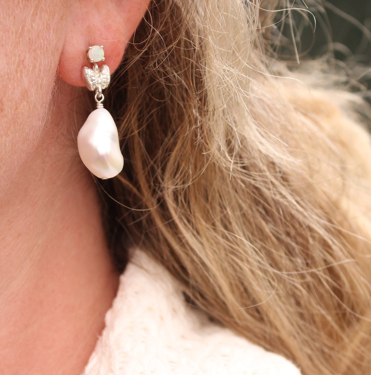 Drop Butterfly shell and pearl earrings