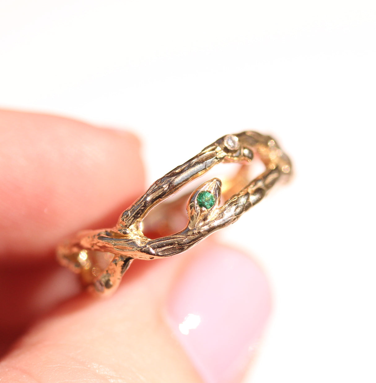 Organic Yellow gold Branch ring with Diamonds and Emerald