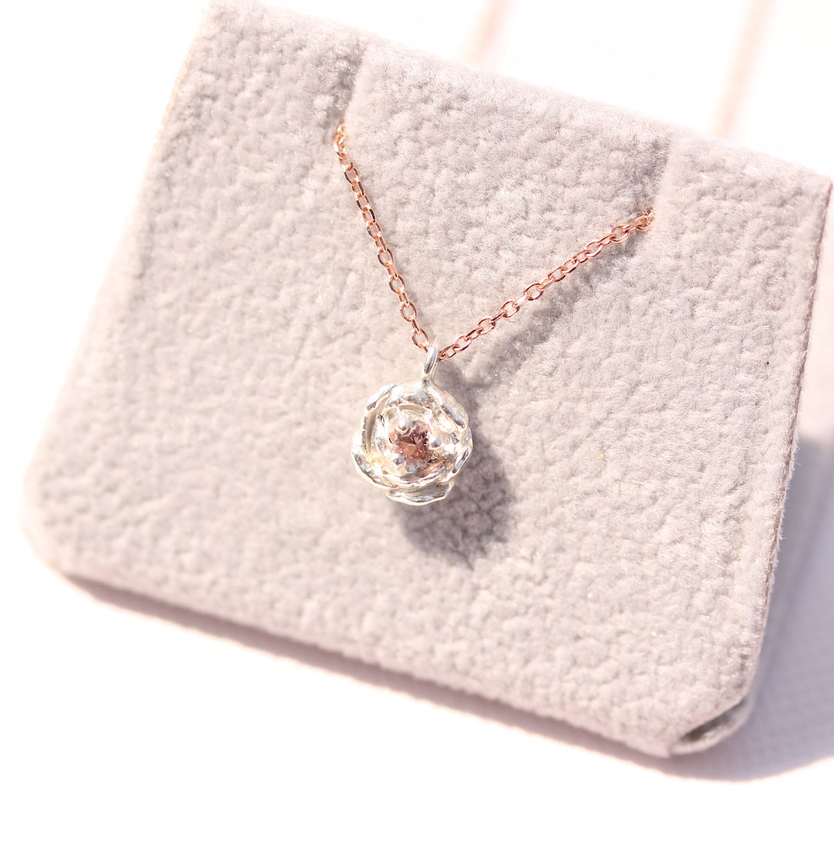 peachy/pink sapphire peony pendant with rose gold chain