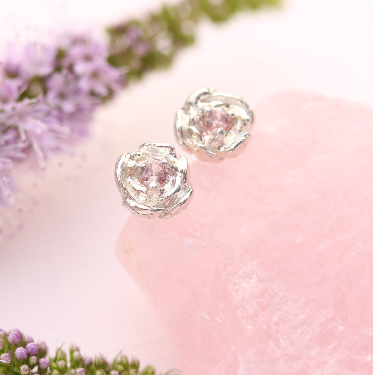 peach/pink sapphire flower earrings