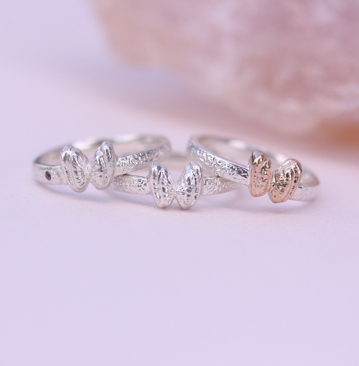 Coquina Shell “Butterfly” Ring in Sterling Silver with Sapphire Accent