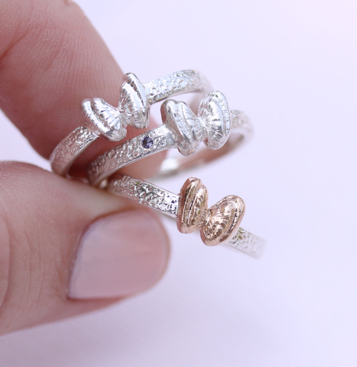 Coquina Shell “Butterfly” Ring in Sterling Silver with Sapphire Accent