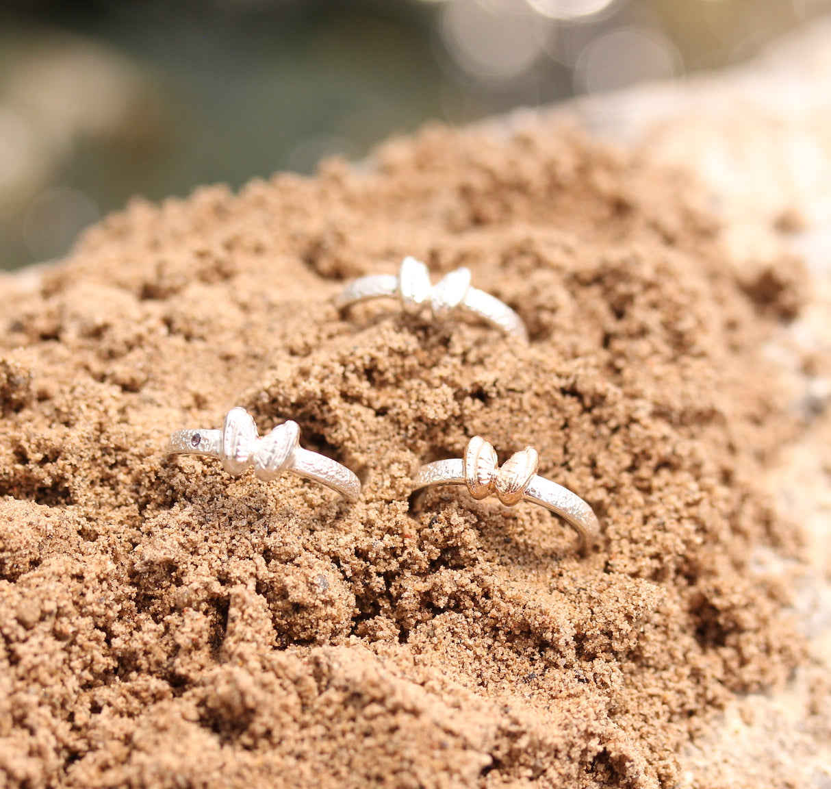 Coquina Shell “Butterfly” Ring in Sterling Silver with Sapphire Accent