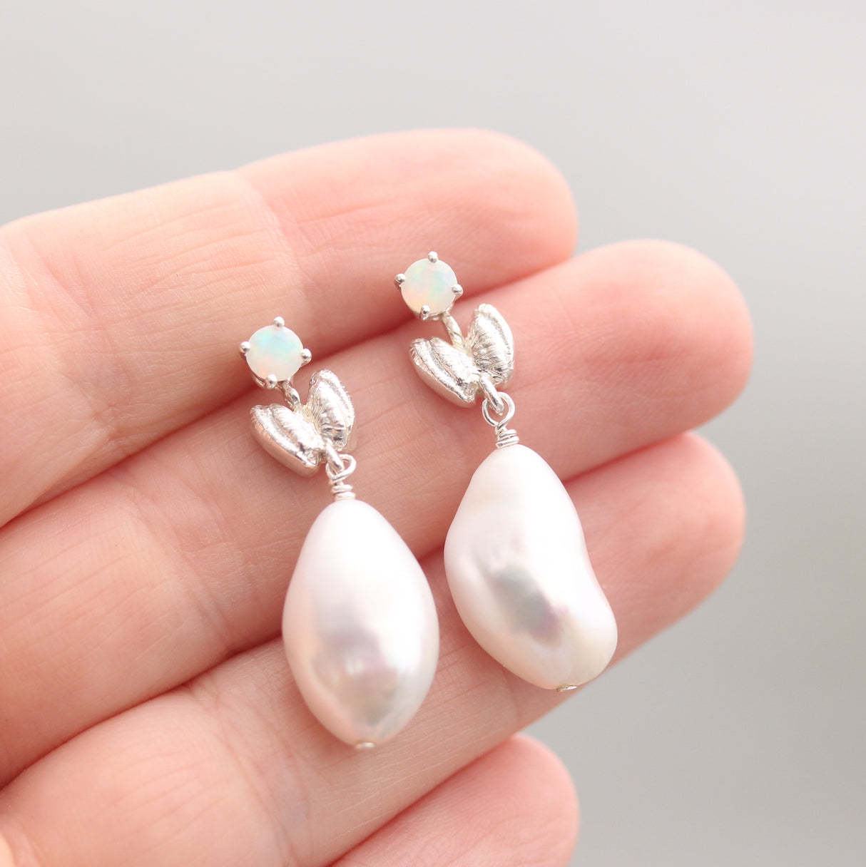 Drop Butterfly shell and pearl earrings
