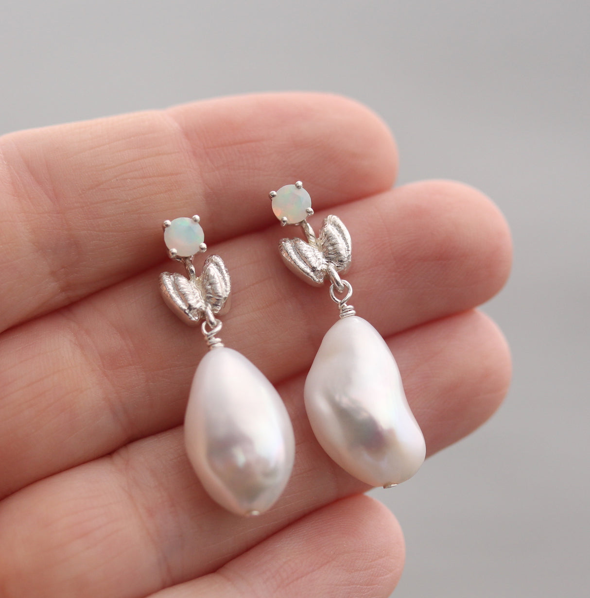 Drop Butterfly shell and pearl earrings