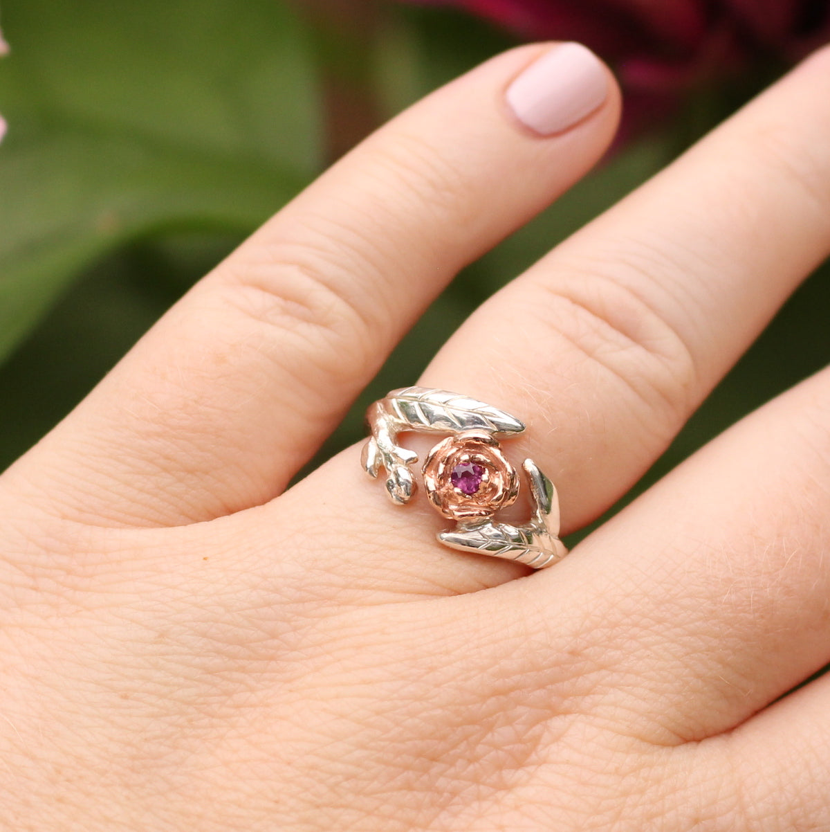 peony ring with sterling silver, rose gold and garnet
