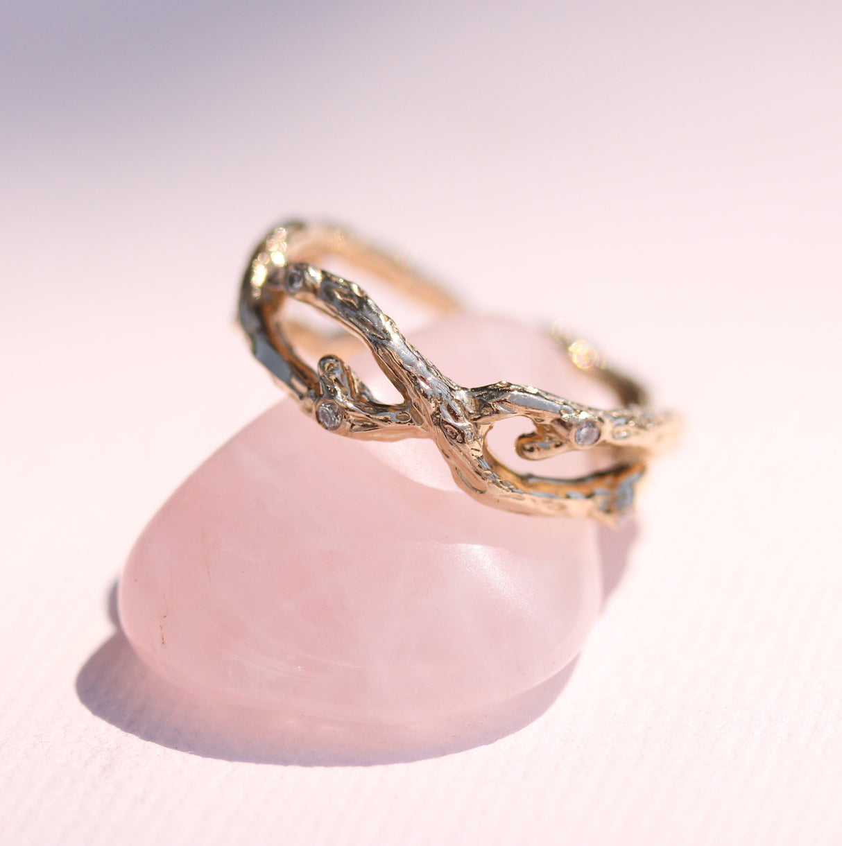 Organic Yellow gold Branch ring with Diamonds and Emerald