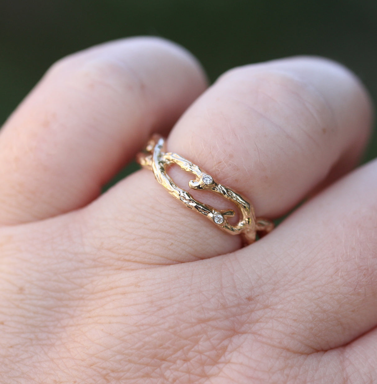 Organic Yellow gold Branch ring with Diamonds and Emerald