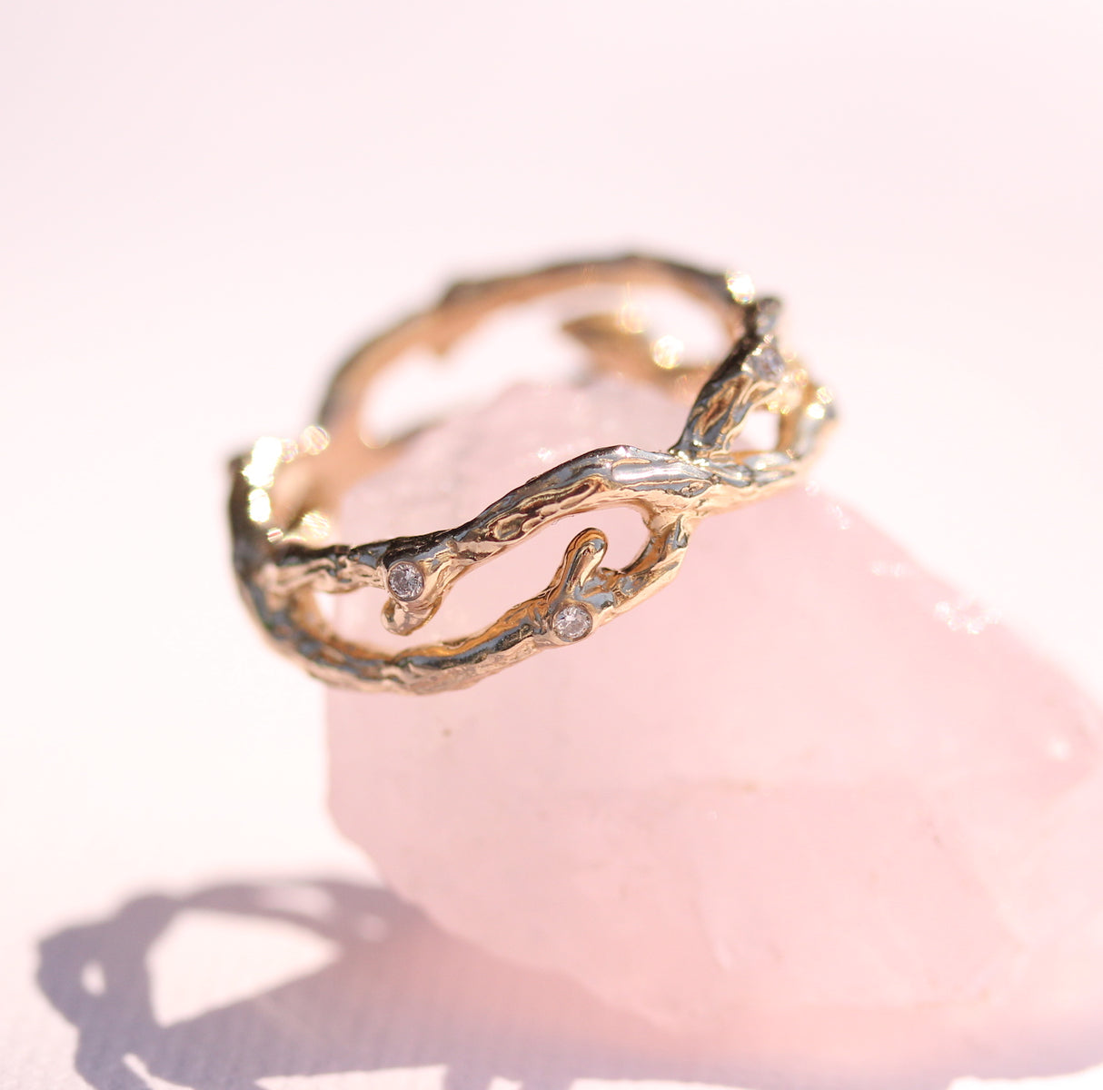 Organic Yellow gold Branch ring with Diamonds and Emerald