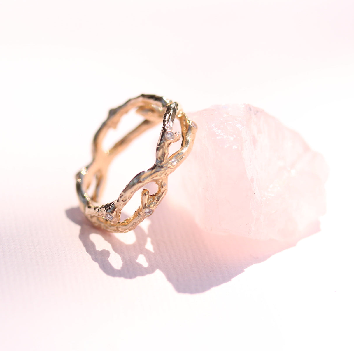 Organic Yellow gold Branch ring with Diamonds and Emerald