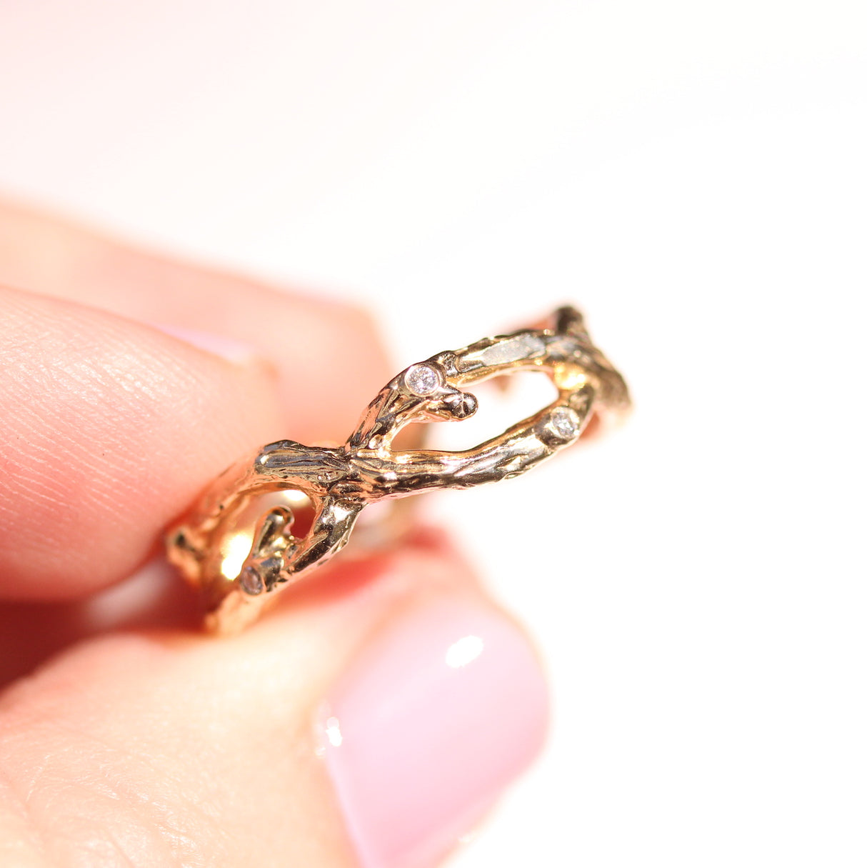 Organic Yellow gold Branch ring with Diamonds and Emerald