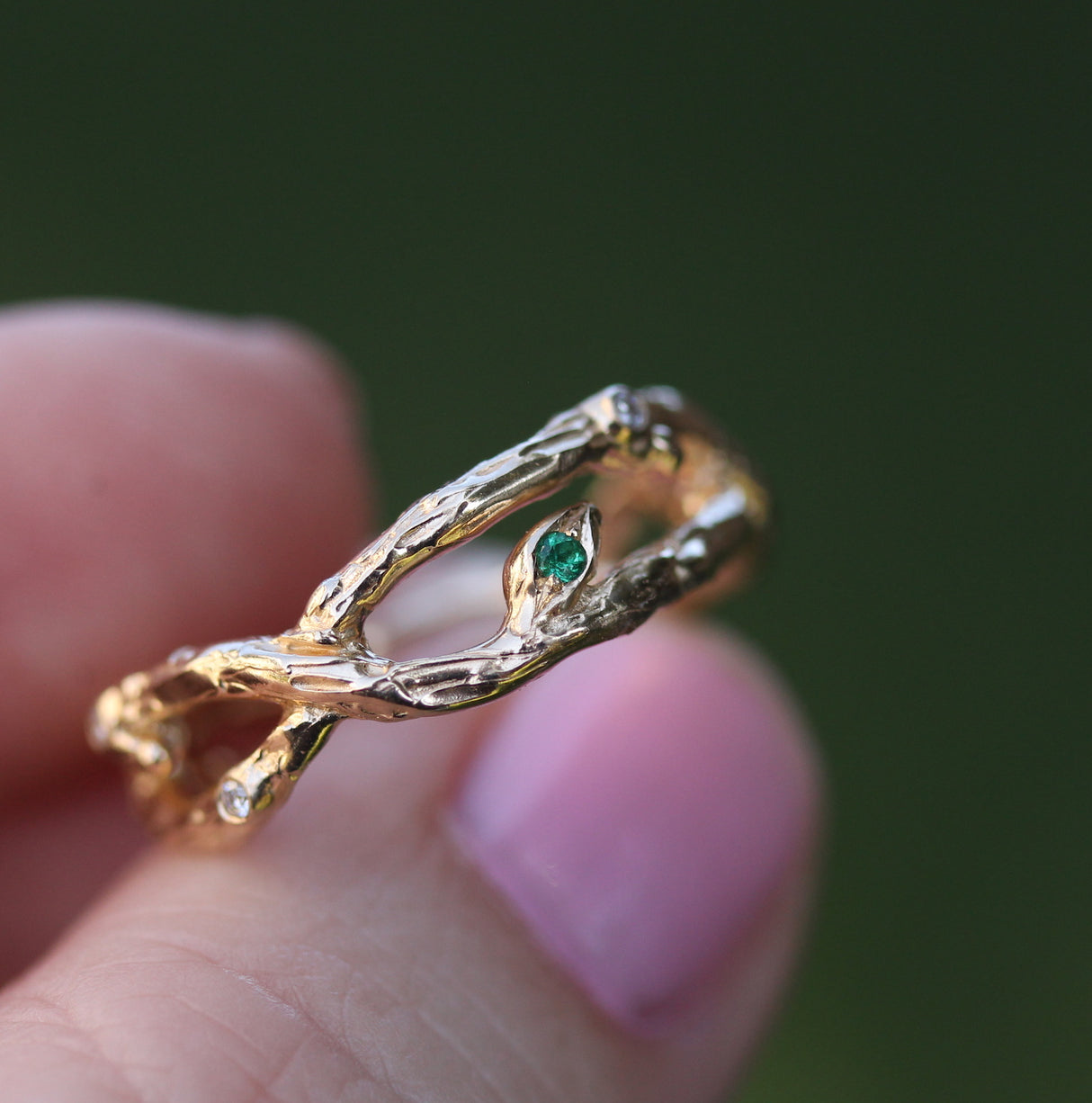 Organic Yellow gold Branch ring with Diamonds and Emerald
