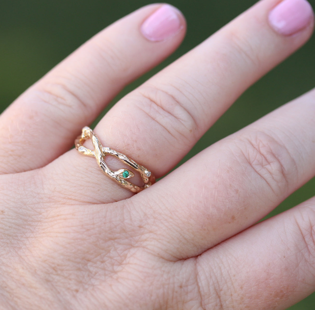 Organic Yellow gold Branch ring with Diamonds and Emerald