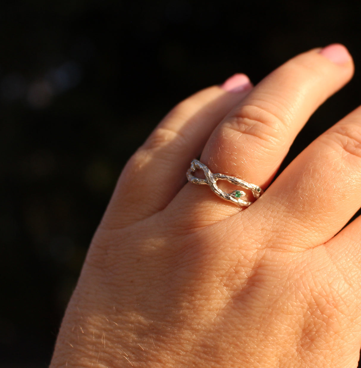 Organic Silver Branch ring with Teal Sapphires and Emerald