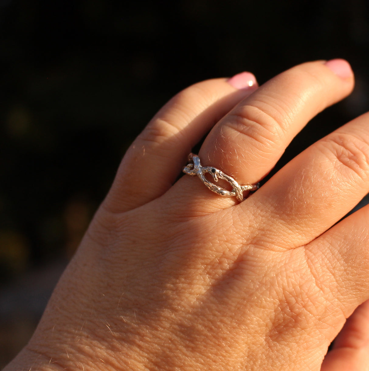 Organic Silver Branch ring with Teal Sapphires and Emerald