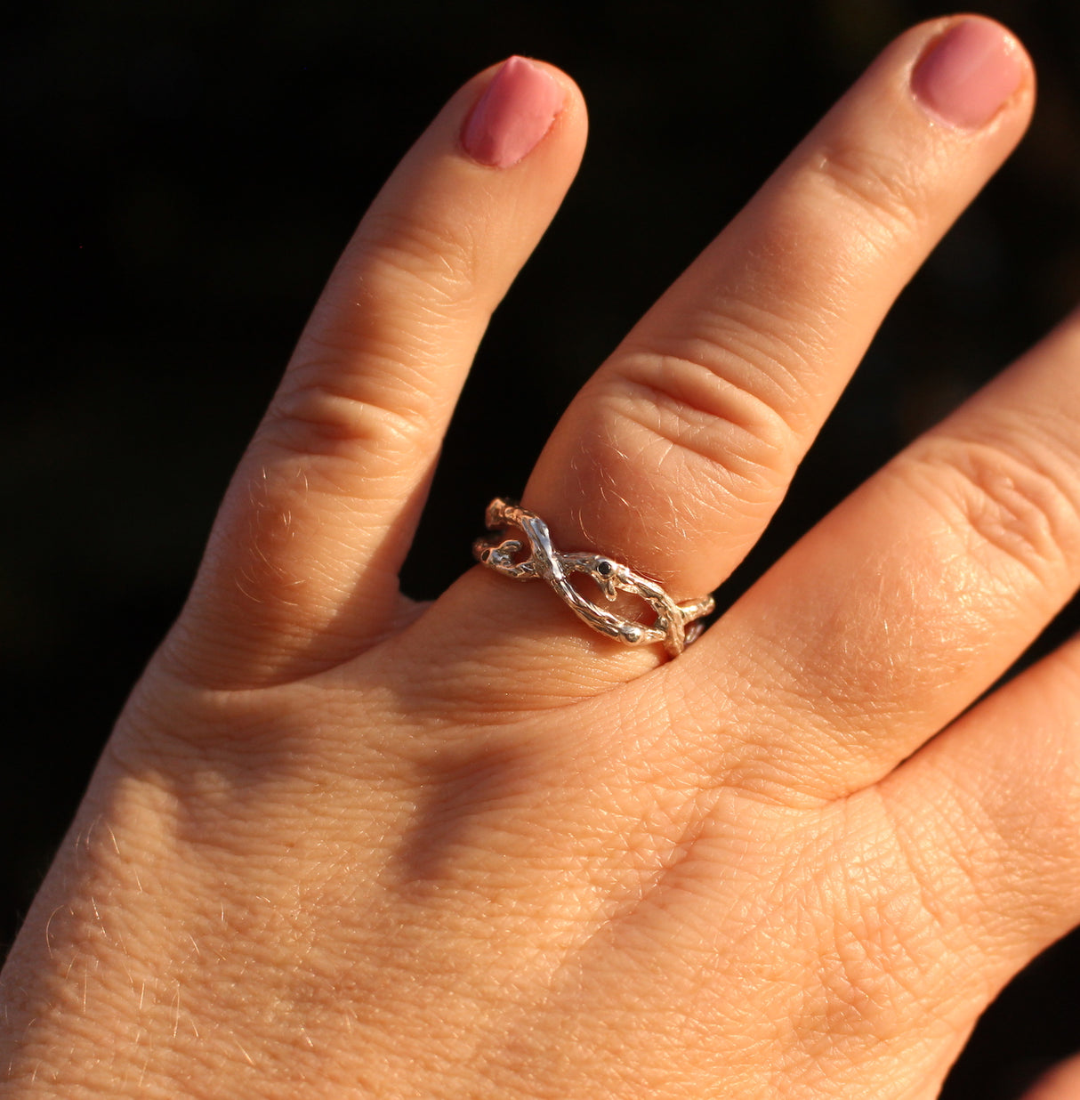 Organic Silver Branch ring with Teal Sapphires and Emerald