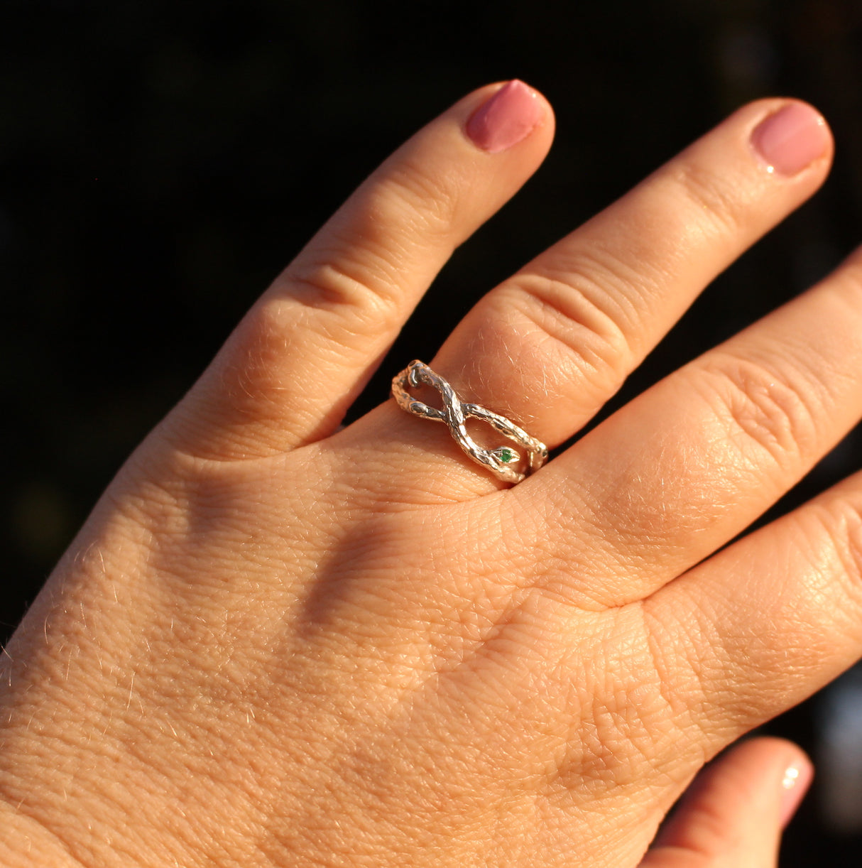 Organic Silver Branch ring with Teal Sapphires and Emerald