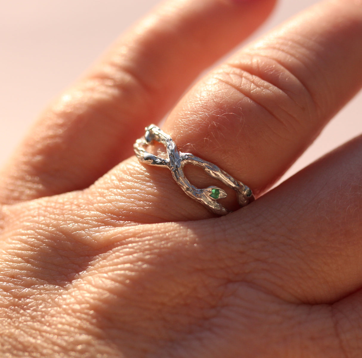 Organic Silver Branch ring with Teal Sapphires and Emerald