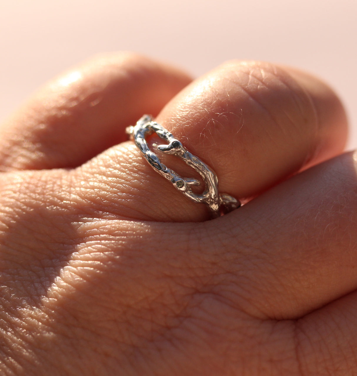 Organic Silver Branch ring with Teal Sapphires and Emerald