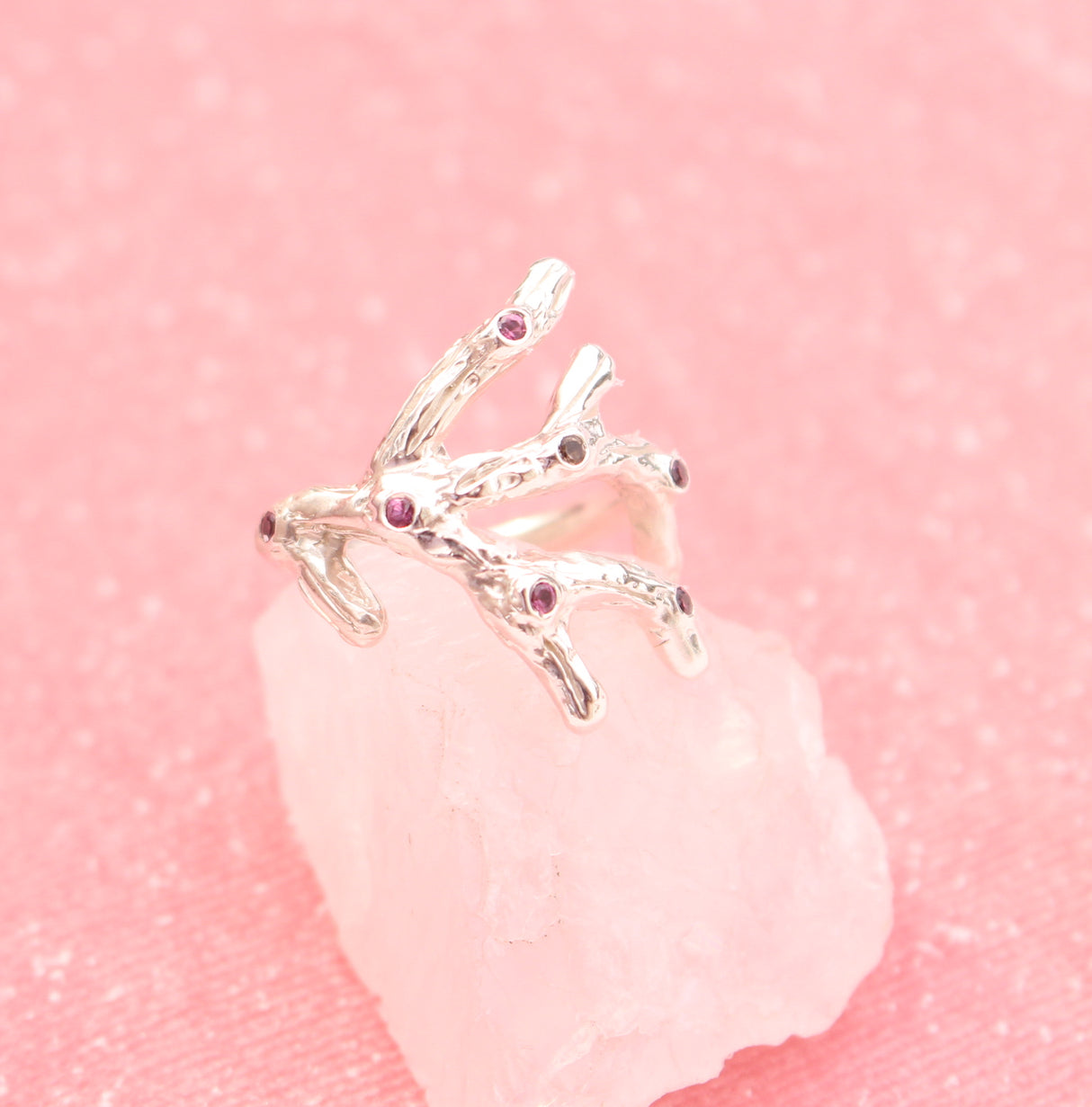 Sterling Silver Branch Ring with Garnet and Diamond