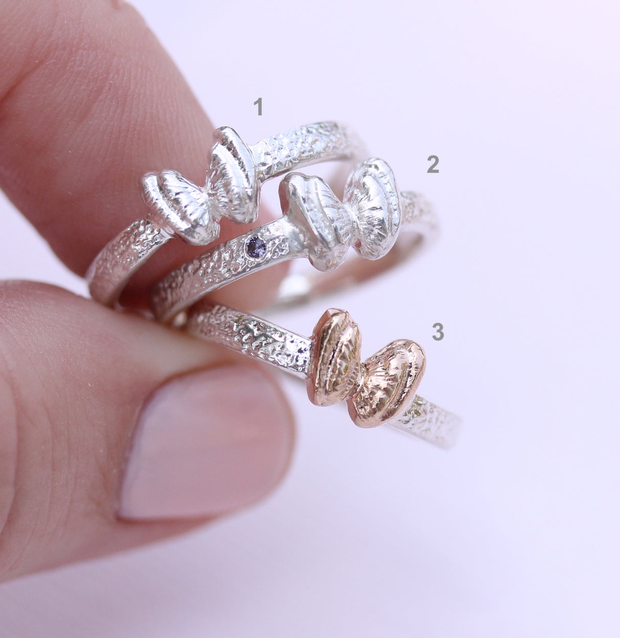 Coquina Shell “Butterfly” Ring in Sterling Silver with Sapphire Accent