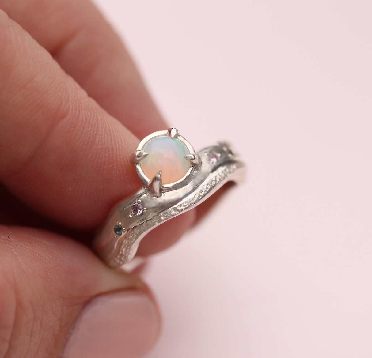 Beach-Inspired Opal and Sapphire Ring in Sterling Silver