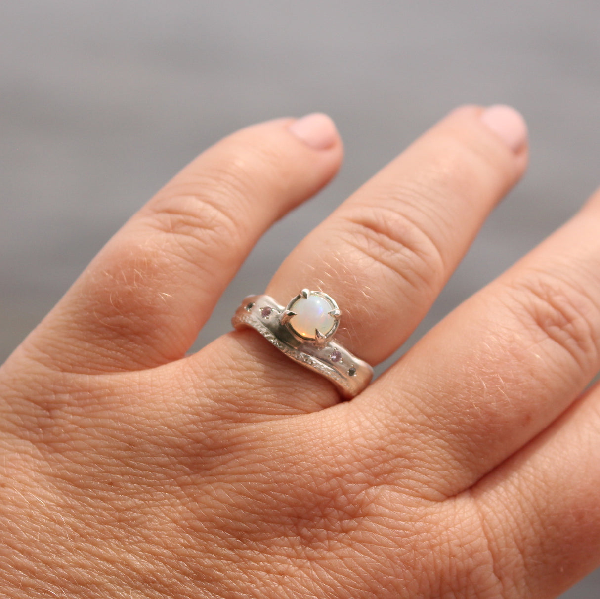Beach-Inspired Opal and Sapphire Ring in Sterling Silver