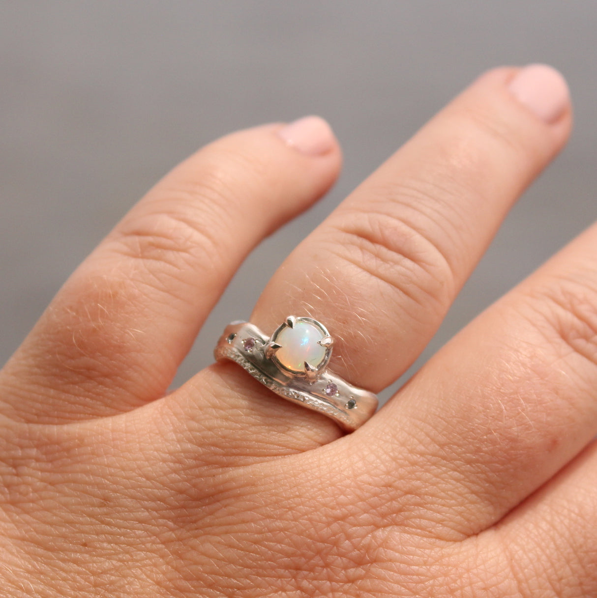Beach-Inspired Opal and Sapphire Ring in Sterling Silver