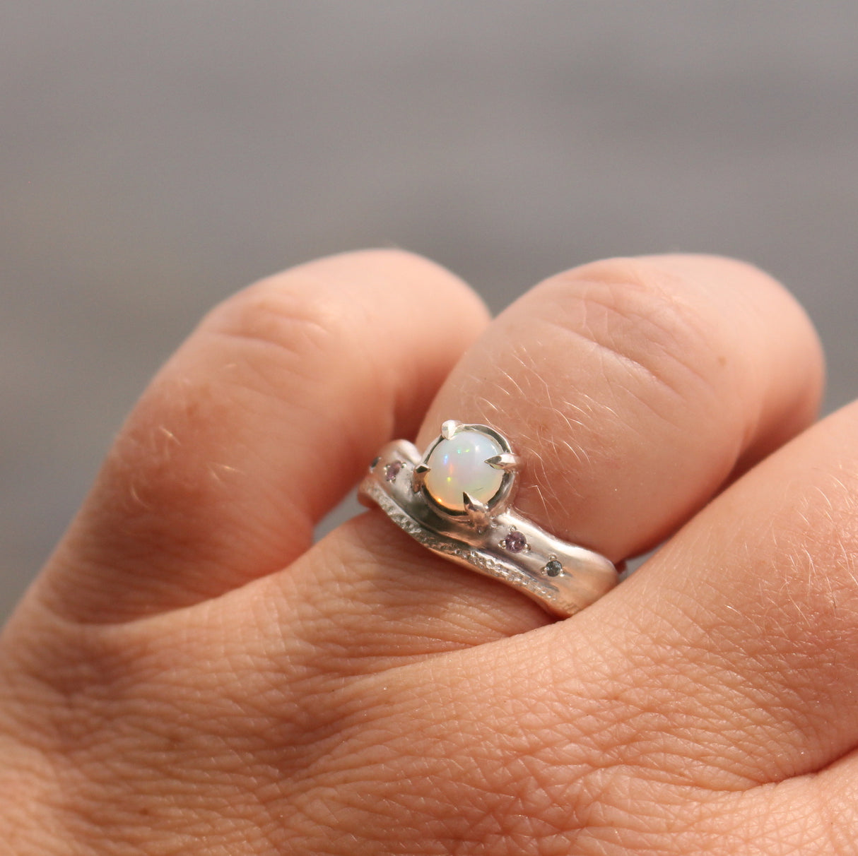 Beach-Inspired Opal and Sapphire Ring in Sterling Silver