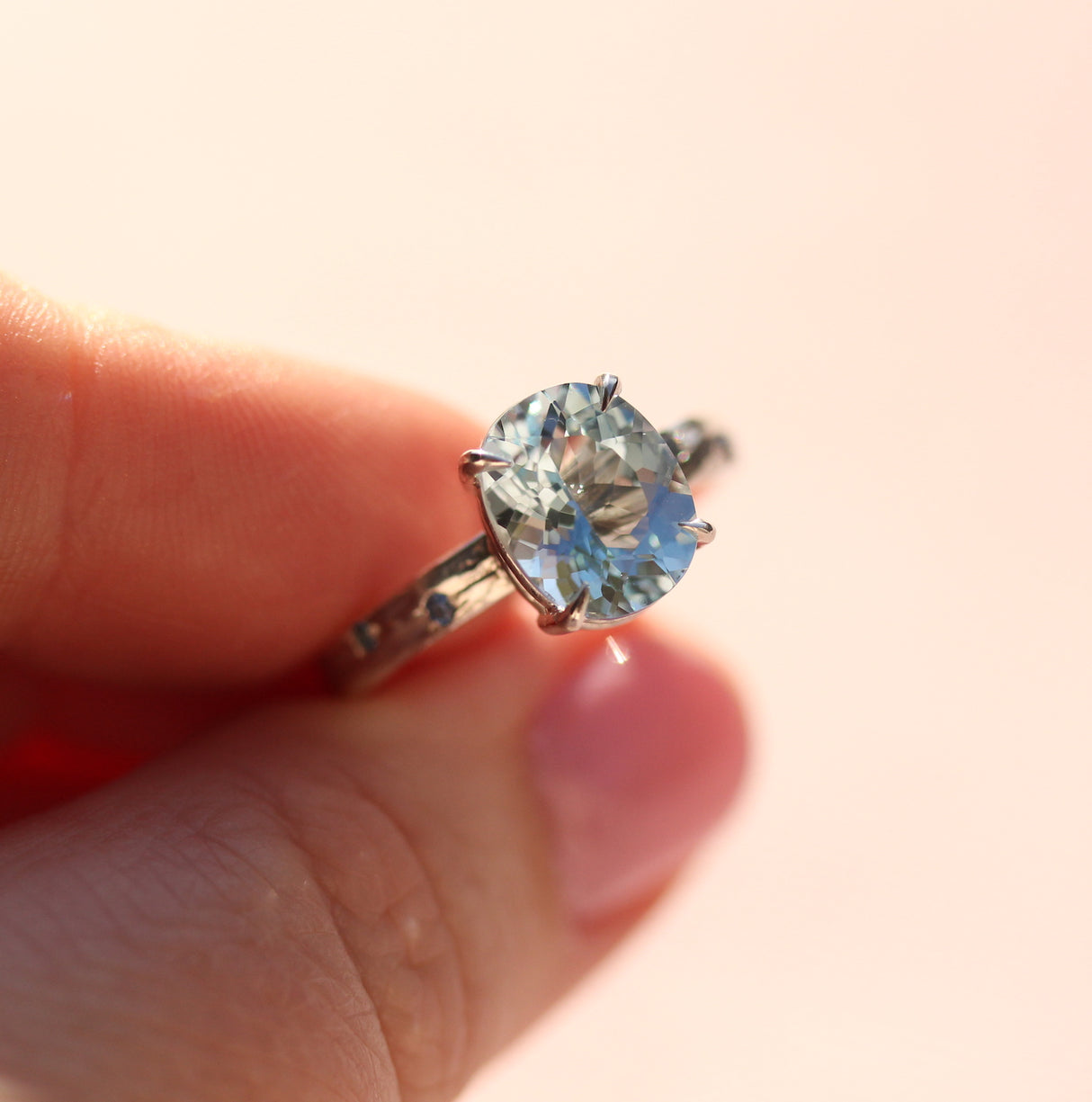 Pale Blue Topaz Water Ring with Hand-Carved water texture