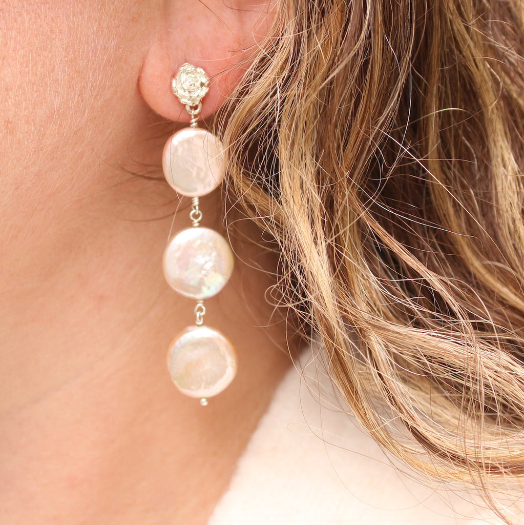 Peony Earrings - Drop Coin Pearls