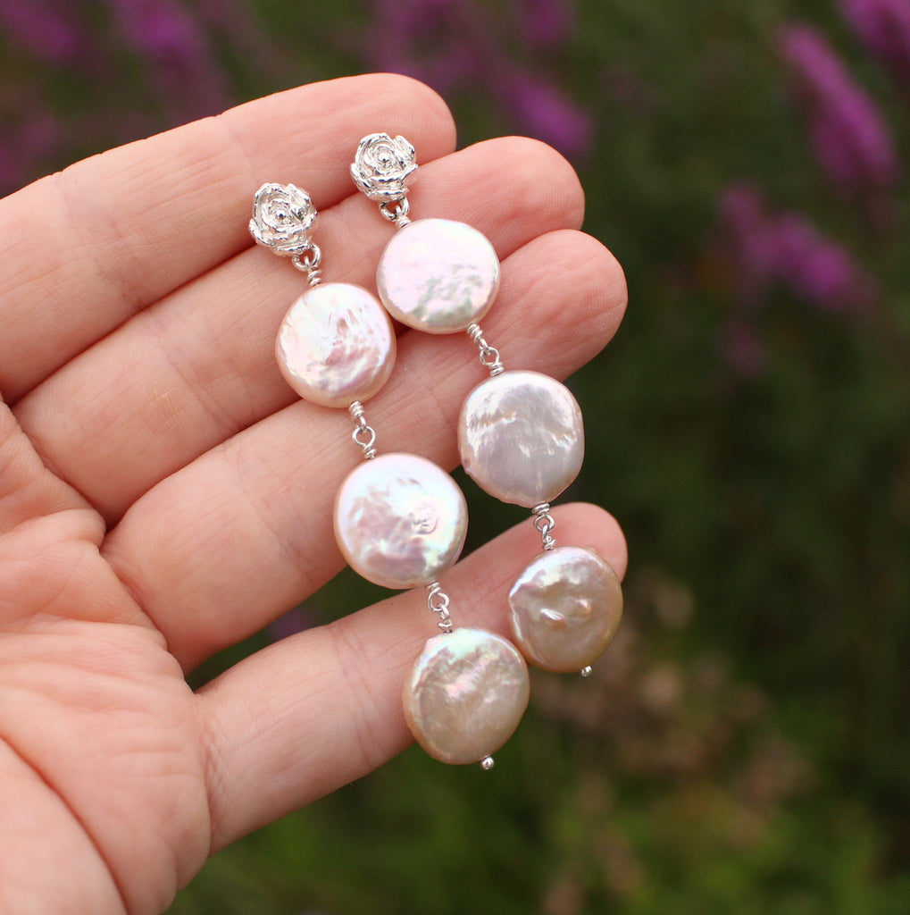 Silver and coin pearl drop earrings