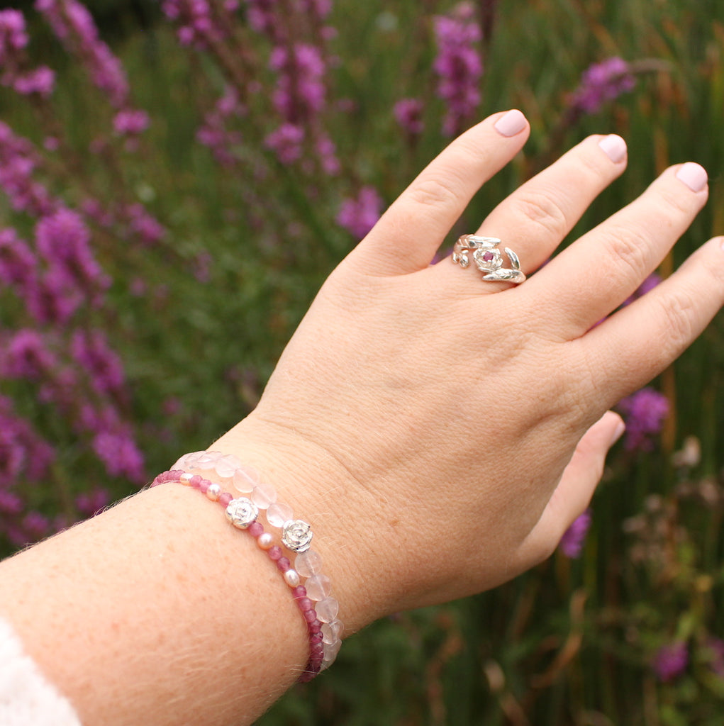 peony bracelet with rose quartz