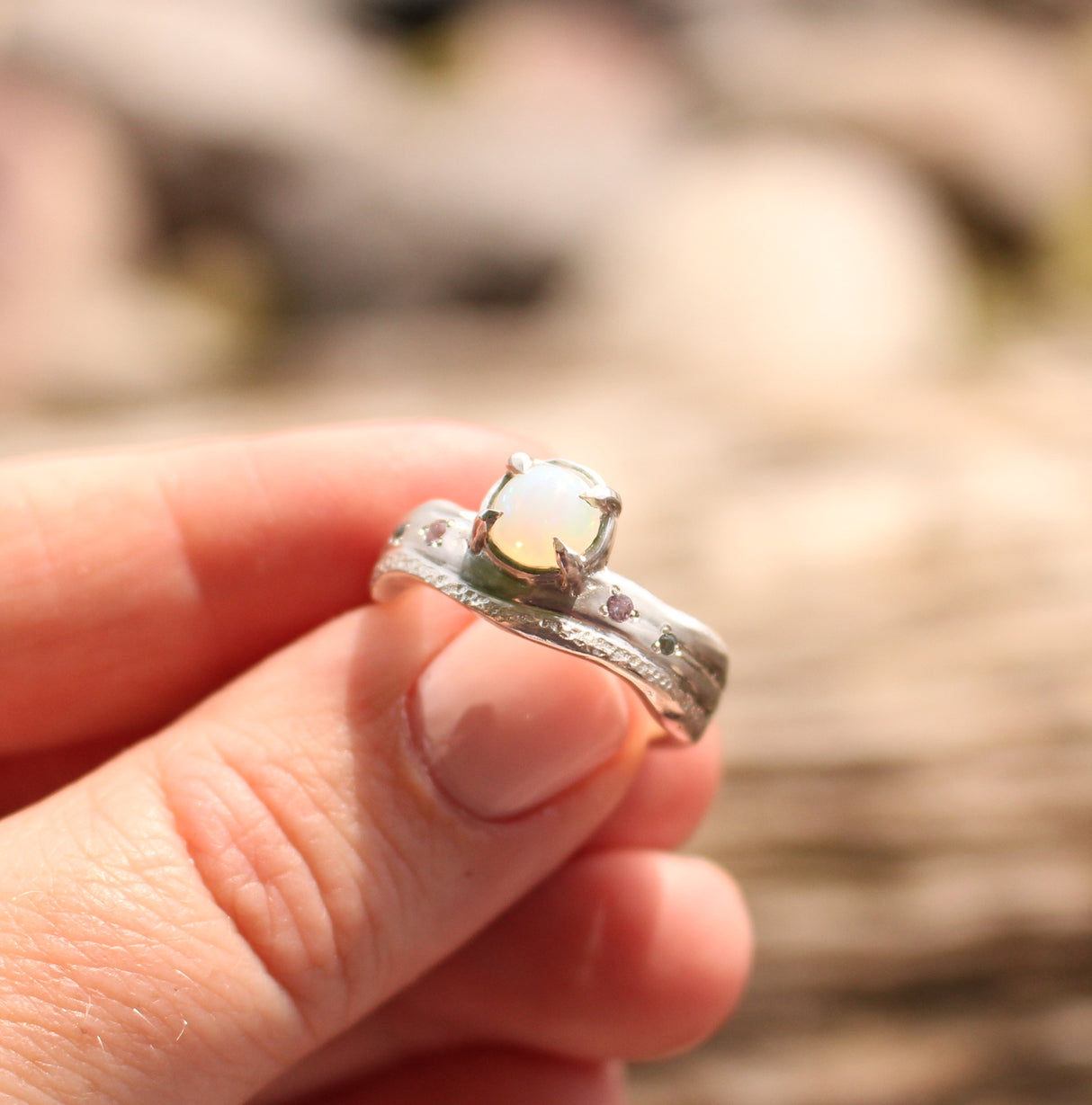 Beach-Inspired Opal and Sapphire Ring in Sterling Silver