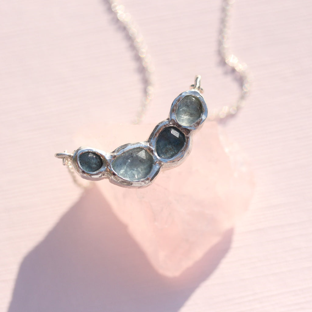 Silver and aquamarine necklace with rose cut gemstones